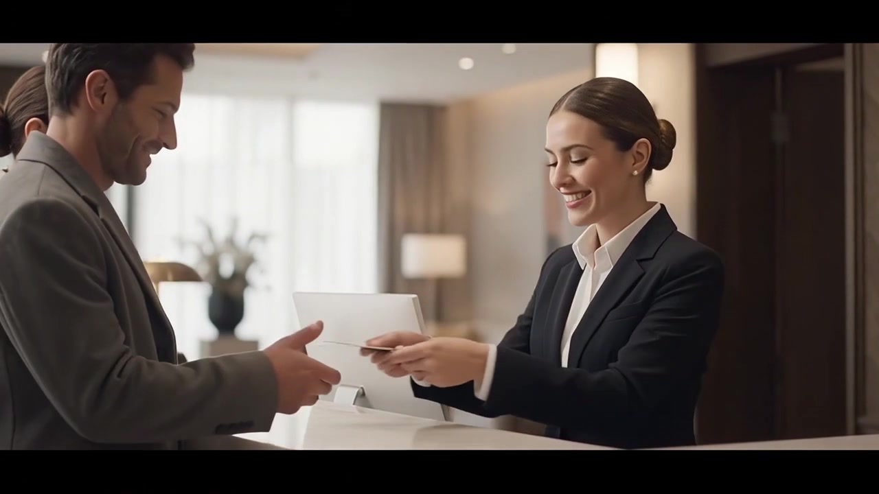 Hotel Receptionist Handing Key Card to Guest at Front Desk