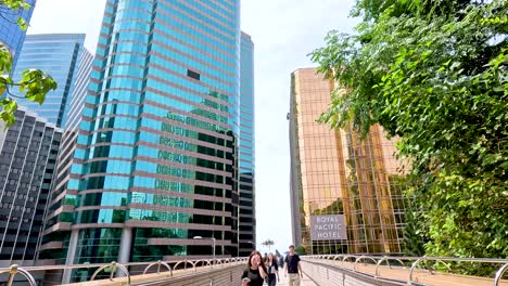 people walking on a bridge in urban setting