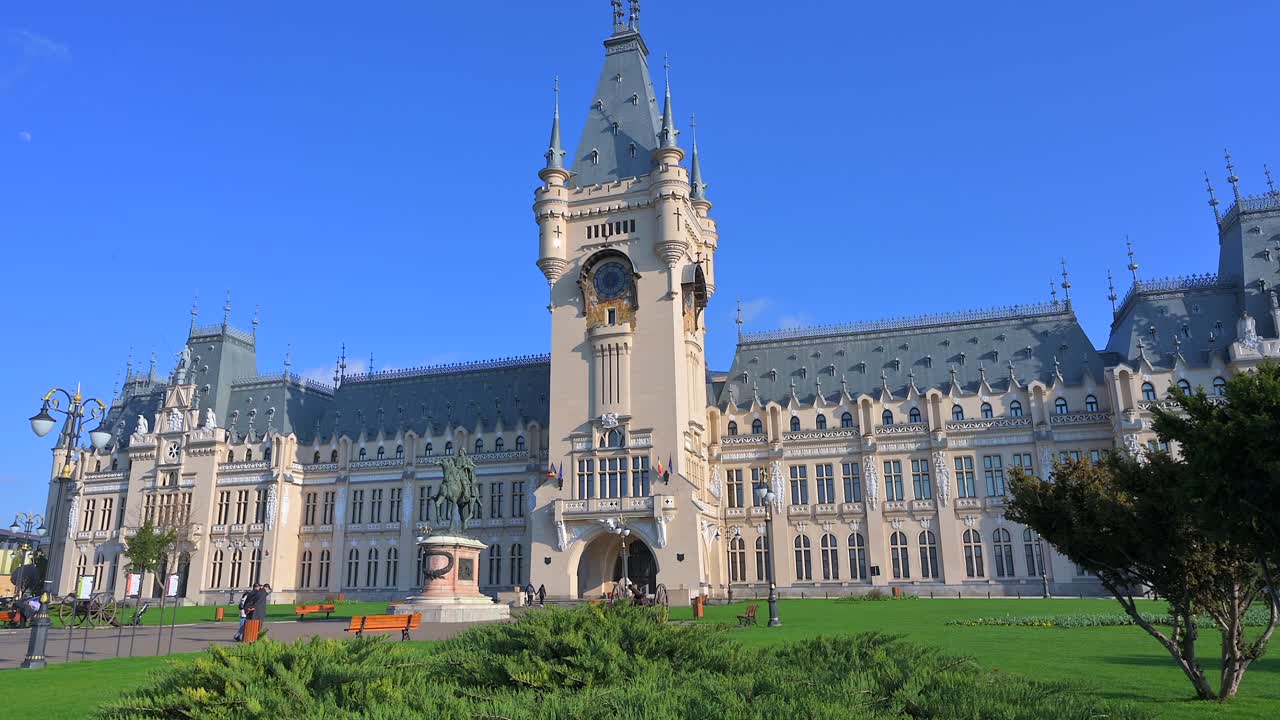 Iasi, Romania - April 25, 2021: Front view of the Palace of Culture on a sunny day
