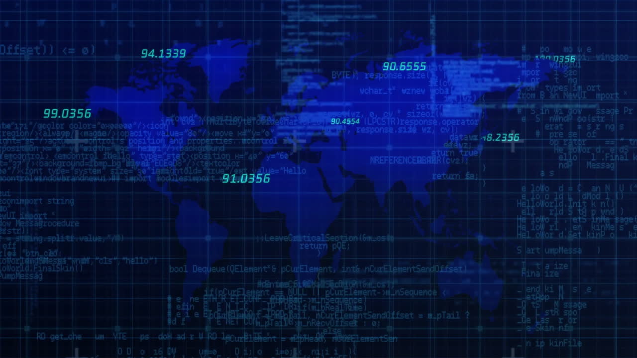 World map with coordinates and data processing animation