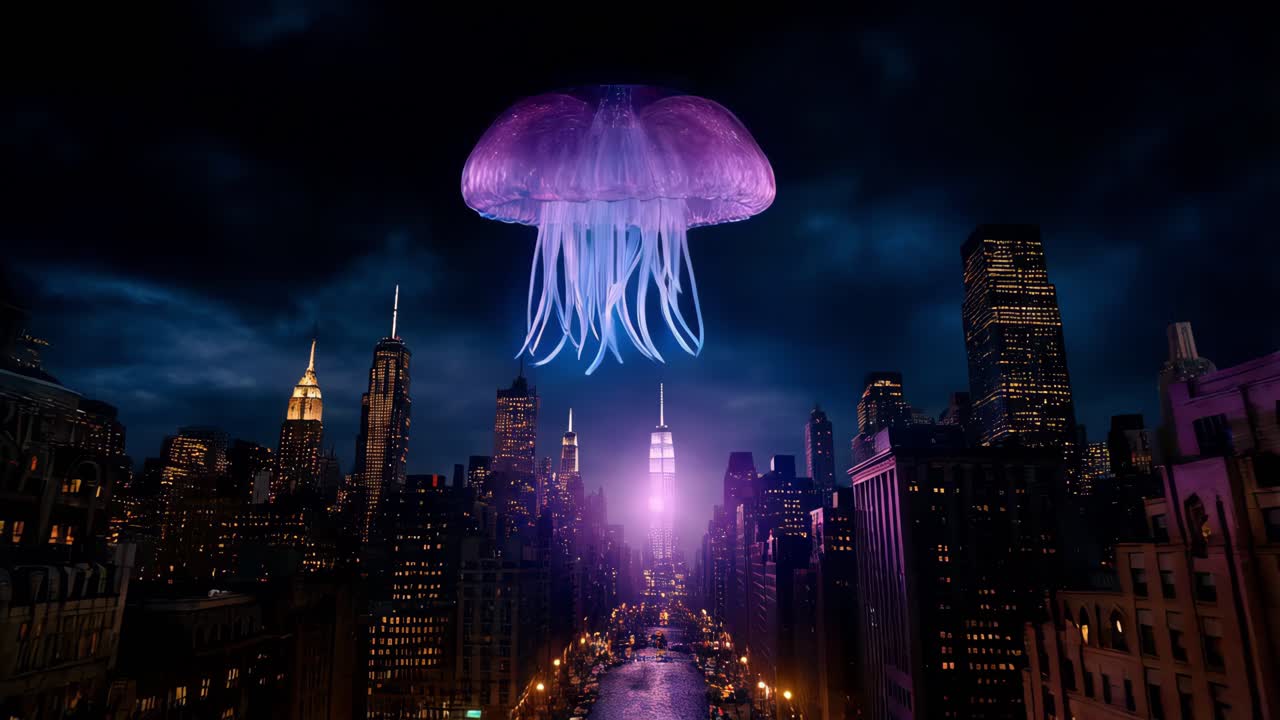 medusas brillantes sobre la ciudad de nueva york por la noche