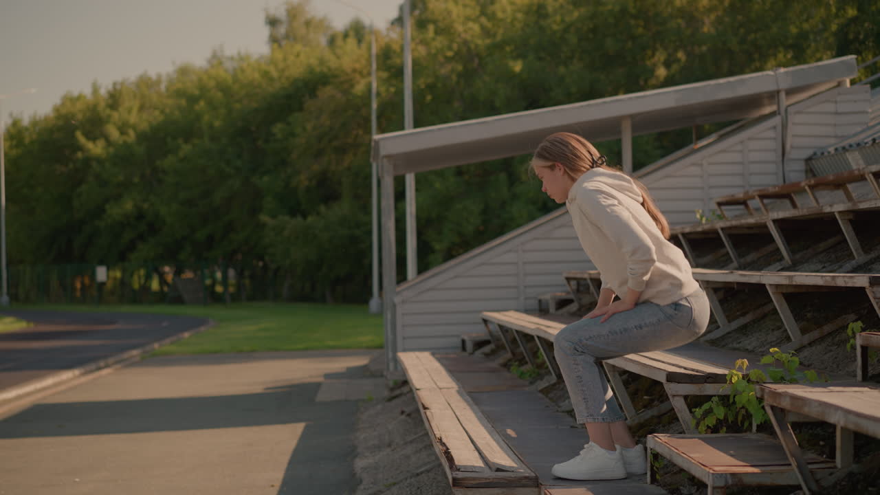 한 여인이 농촌 스타디움에 앉아있는 느한 자세로 걸어가고, 장바지와 후디를 입고, 에 손을 고, 배경에는 빈 관중석, 전기 기둥, 울창한 녹색 나무가 있습니다.