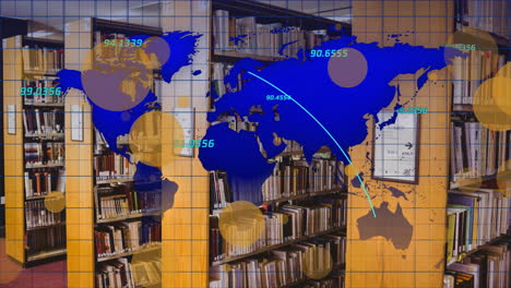 animation of spots and data processing with world map over books on shelves in library