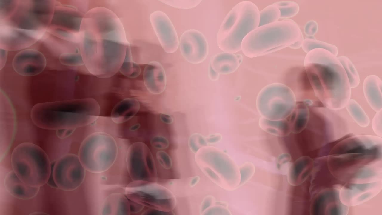 Animazione di globuli su persone d'affari di diverse etnie che camminano
