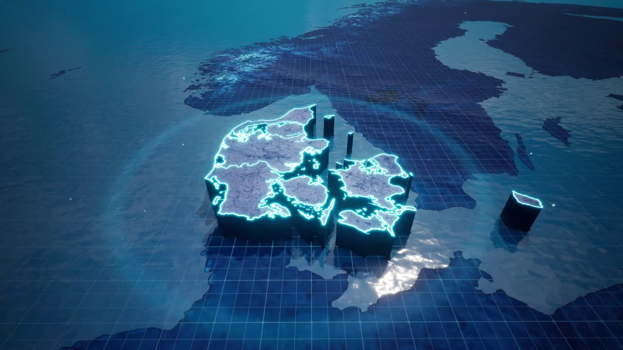 낙서, 블루 네온 스타일-1로 테두리가 있는 덴마크의 추상적 인 기하학적 미래 개념 3d 지도