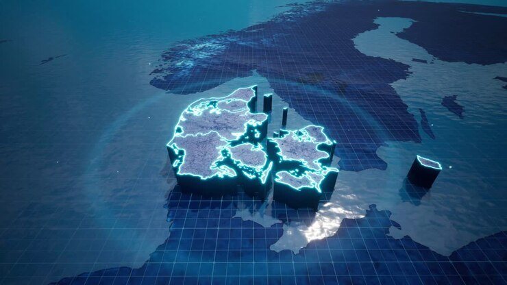 Abstract geometric futuristic concept 3d Map of Denmark with borders as scribble, blue neon style-1
