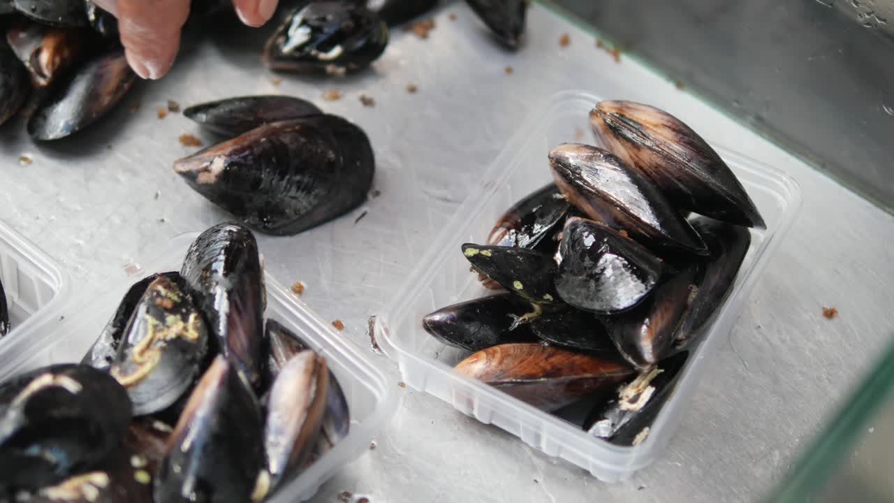 mejillones frescos en un mercado de mariscos