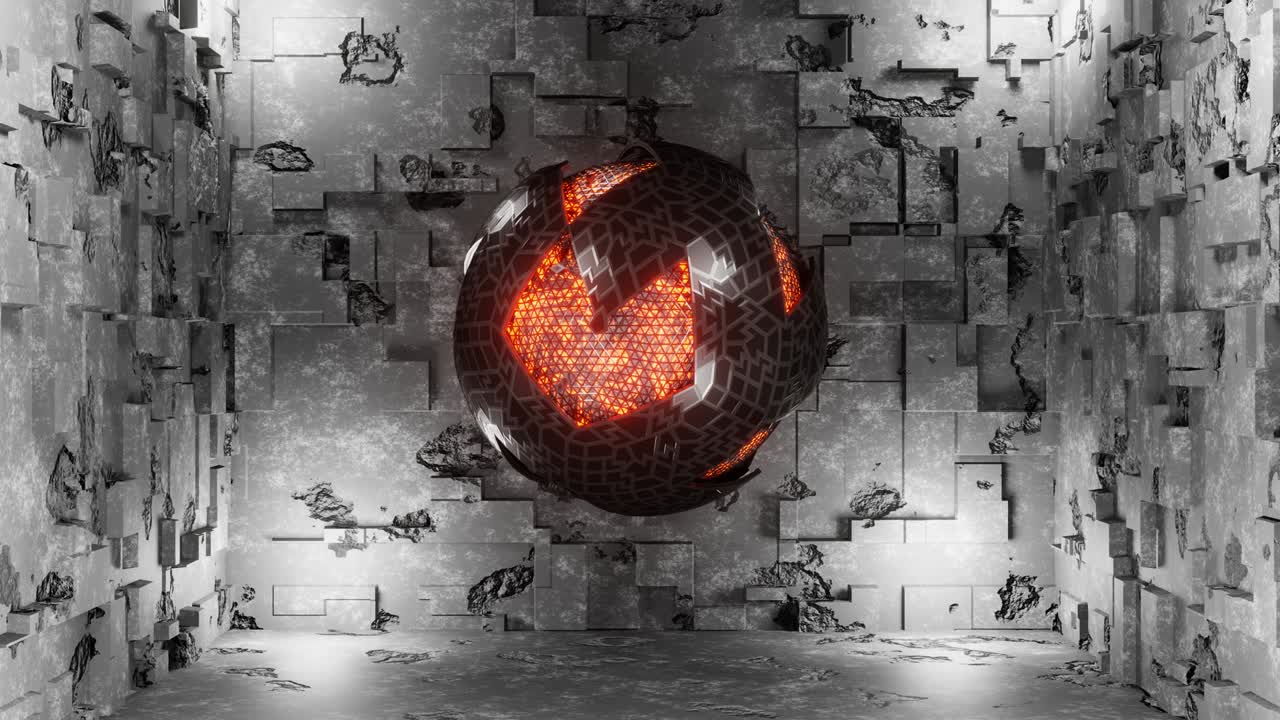 4k 3d 애니메이션: 중앙에 반이는 에너지를 가진 공상 과학 물체 회전 금속 구