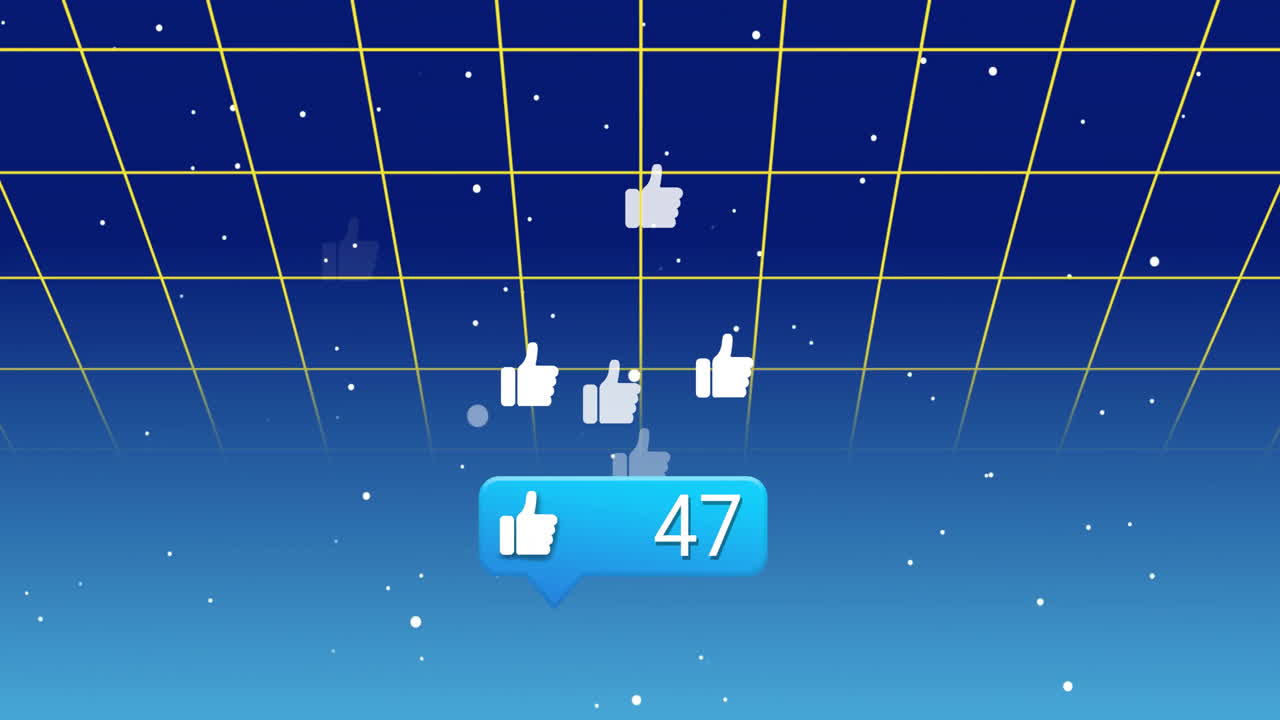 Thumbs-up icons with number 47 floating over blue grid in digital animation