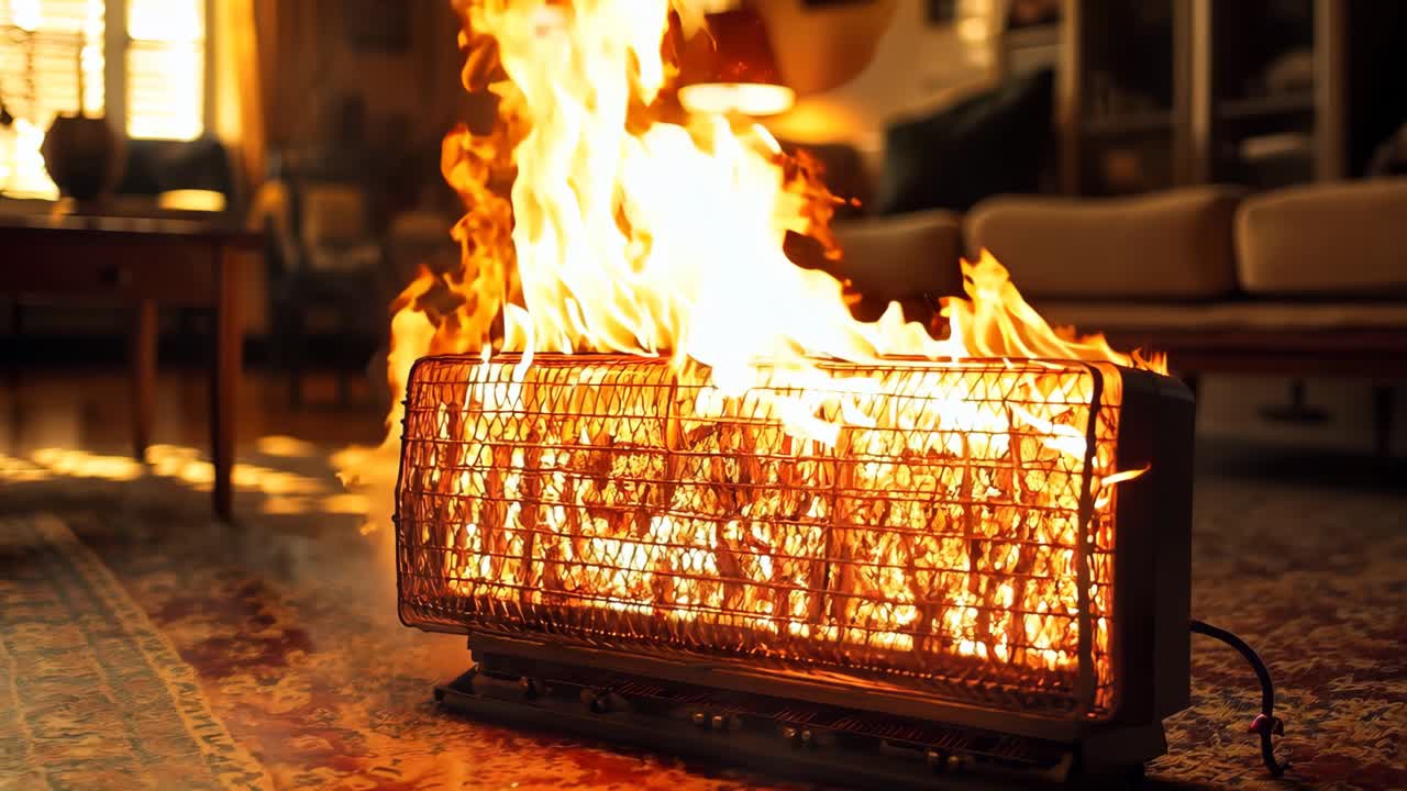 거실 에 있는 벽난로 에 불 이 타고 있다