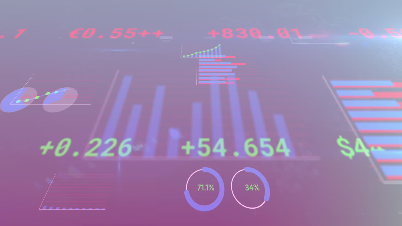 Animation of financial data processing over dark background
