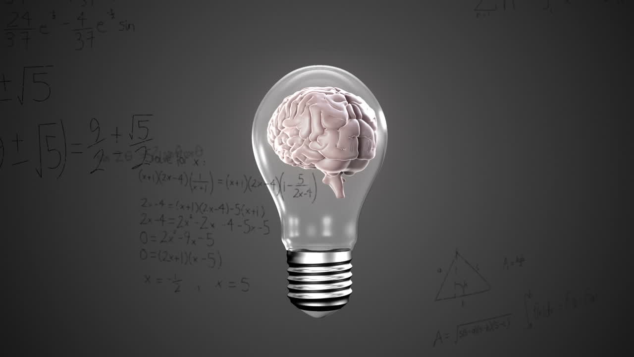 Animation of human brain in bulb over mathematical equations and diagrams on abstract background