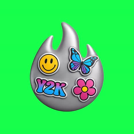 Retro Y2K aesthetic flame badge animation, transparent 4K video, green screen