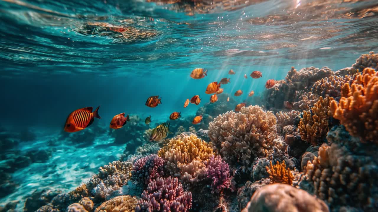 Подводное зрелище: яркий морской пейзаж, наполненный красочными кораллами и экзотическими рыбами, скользящими сквозь кристально чистые воды в завораживающей естественной среде обитания.