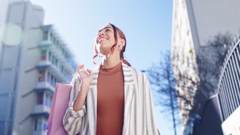 happy woman, walking and shopping bag in city