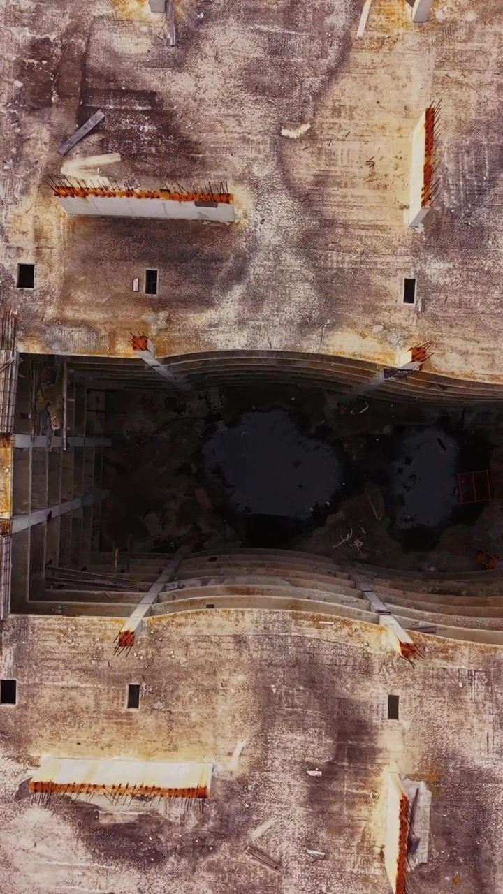 Aerial view of abandoned building surrounded by nature and debris