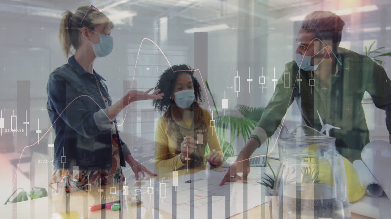 Animation of digital interface showing statistics with colleagues in office wearing face masks