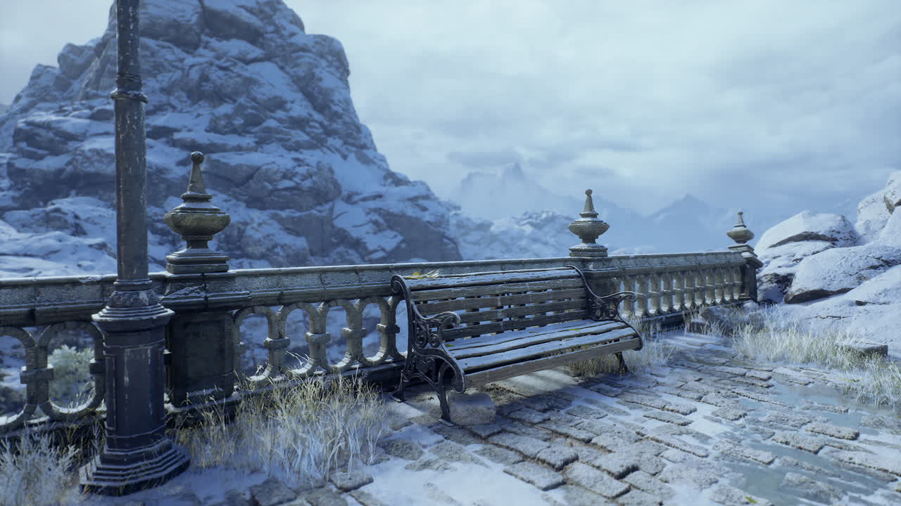 A tranquil winter view shows a solitary bench beside a stone railing