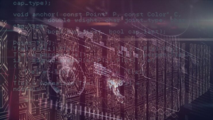 Animation of globe and data processing over server room