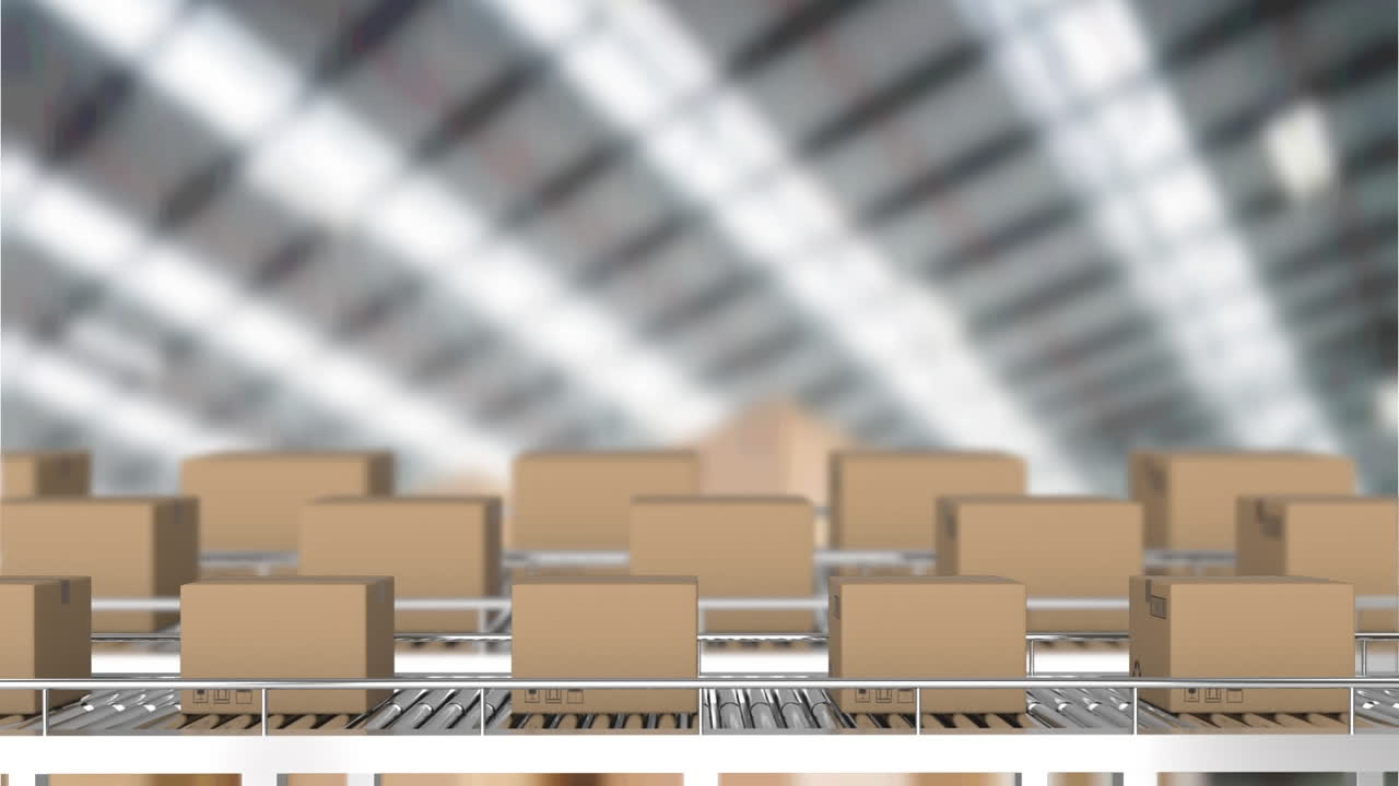 창고 위에서 컨베이어 벨트에 움직이는 카드보드 상자의 애니메이션