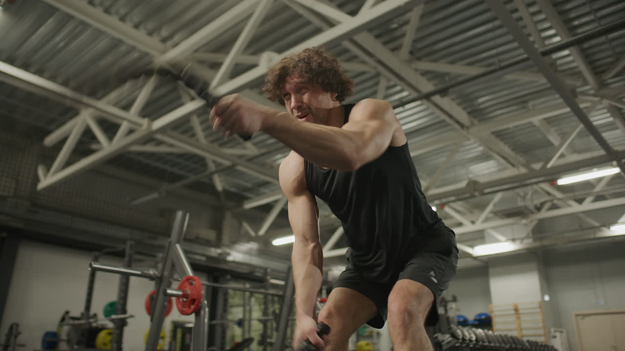 Male Athlete Doing Battle Rope Alternating Waves Exercise in Gym