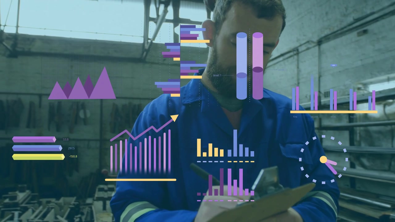 Tech checking clipboard, marking factory checklist, glancing right, walking with charts overlaying