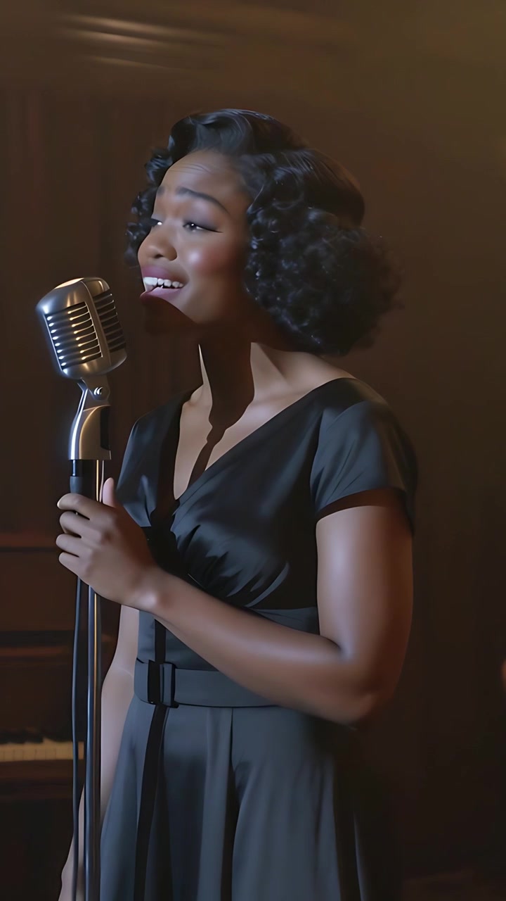 Vertical video: Inhaling female singer singing on center stage for club in retro dress, holding mic