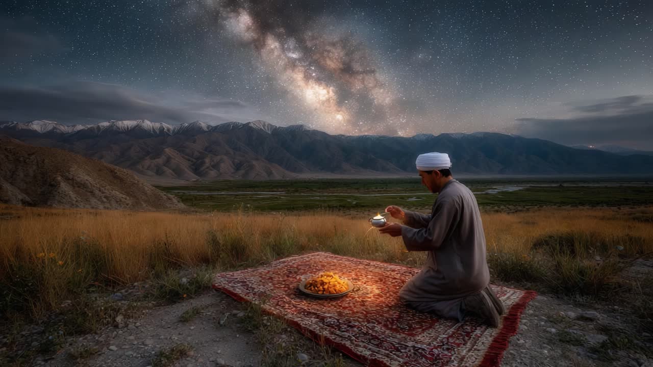 A Tranquil Evening Under the Stars: A Man in Traditional Attire Engaged in a Serene Evening Ritual Amidst a Majestic Landscape Illuminated by the Milky Way