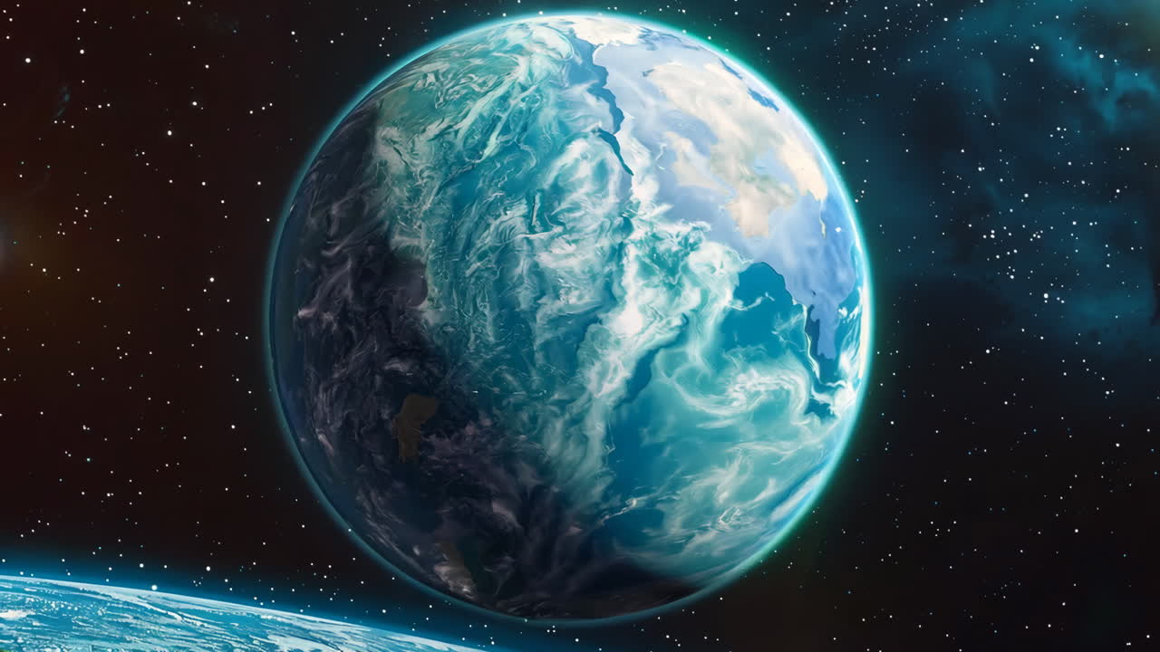 A blue and white planet with a starry sky in the background. The planet is the center of the image and is surrounded by a dark blue sky