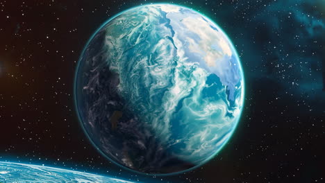 a blue and white planet with a starry sky in the background. the planet is the center of the image and is surrounded by a dark blue sky