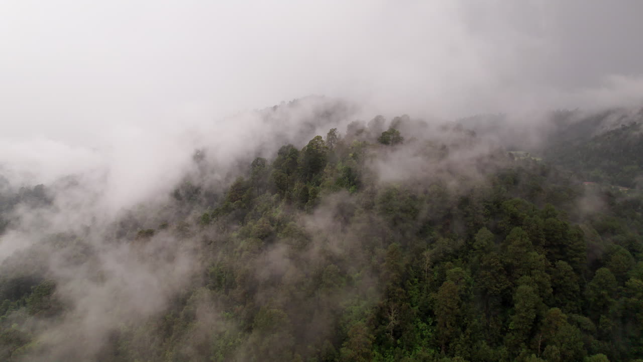 órbita aérea de la montaña con árboles y nubes que la rodean sobre el valle de bravo, méxico
