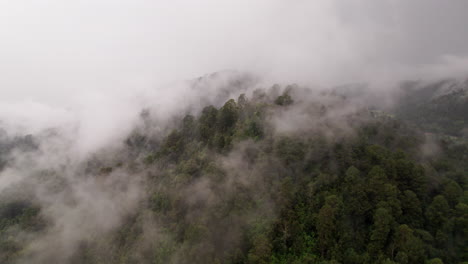 órbita-Aérea-De-Montaña-Con-árboles-Y-Nubes-Que-La-Rodean-Sobre-Valle-De-Bravo,-México