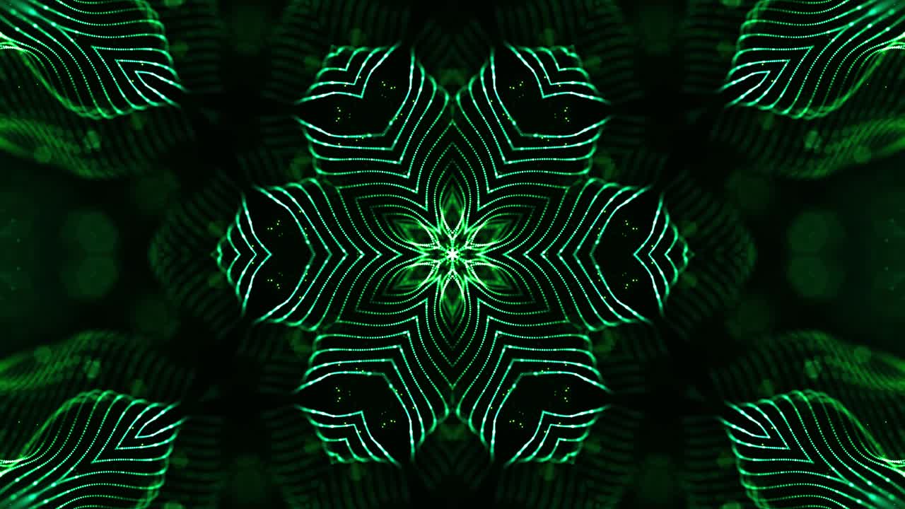 Particelle verdi luminose formano linee, superfici, un motivo a stella, strutture a caleidoscopio. Sfondo 3D fantascientifico in loop 4K con strutture puntiformi simmetriche astratte in movimento. Sfondo virtuale o olografico