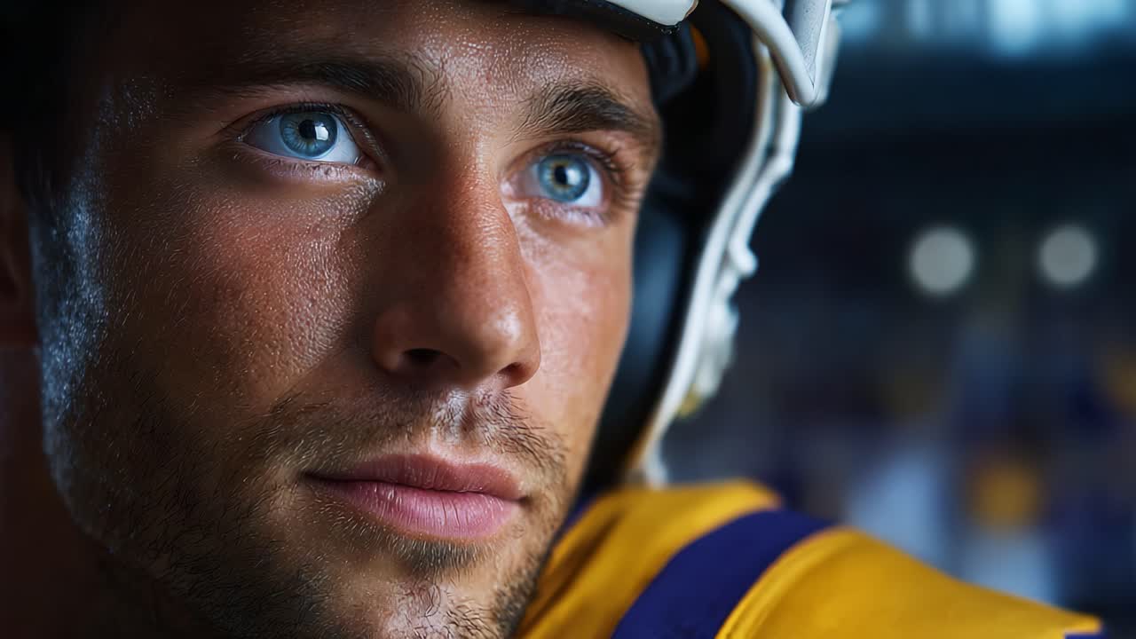 Intense Focus in the Heat of Competition: A Close-Up of a Determined Football Player's Expression During Critical Moments of the Game