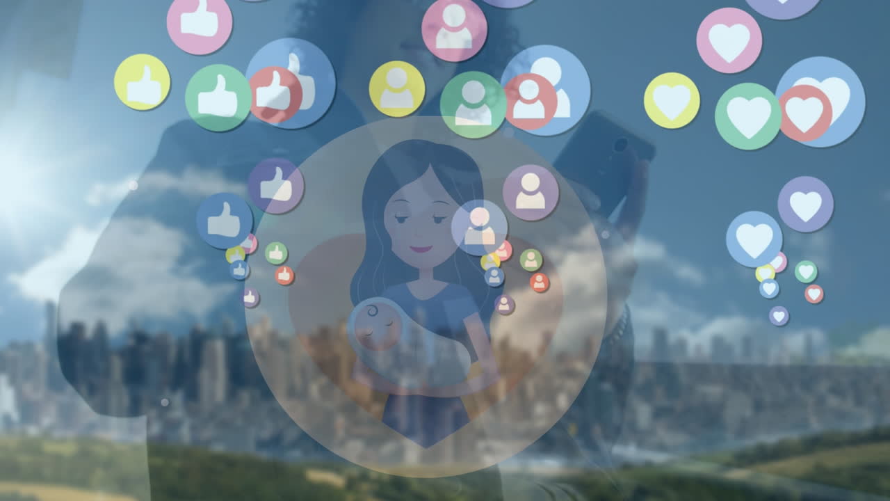 도시 풍경의 공중 시야를 대비하여 스마트폰을 사용하는 백인 남성 위에 떠다니는 여러 디지털 아이콘