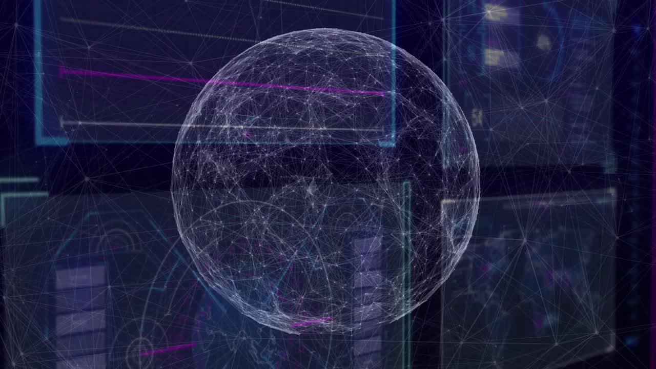 3D render wireframe globe floating before screens, network nodes weaving across line and bar charts