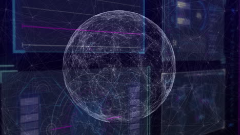 3d render wireframe globe floating before screens, network nodes weaving across line and bar charts