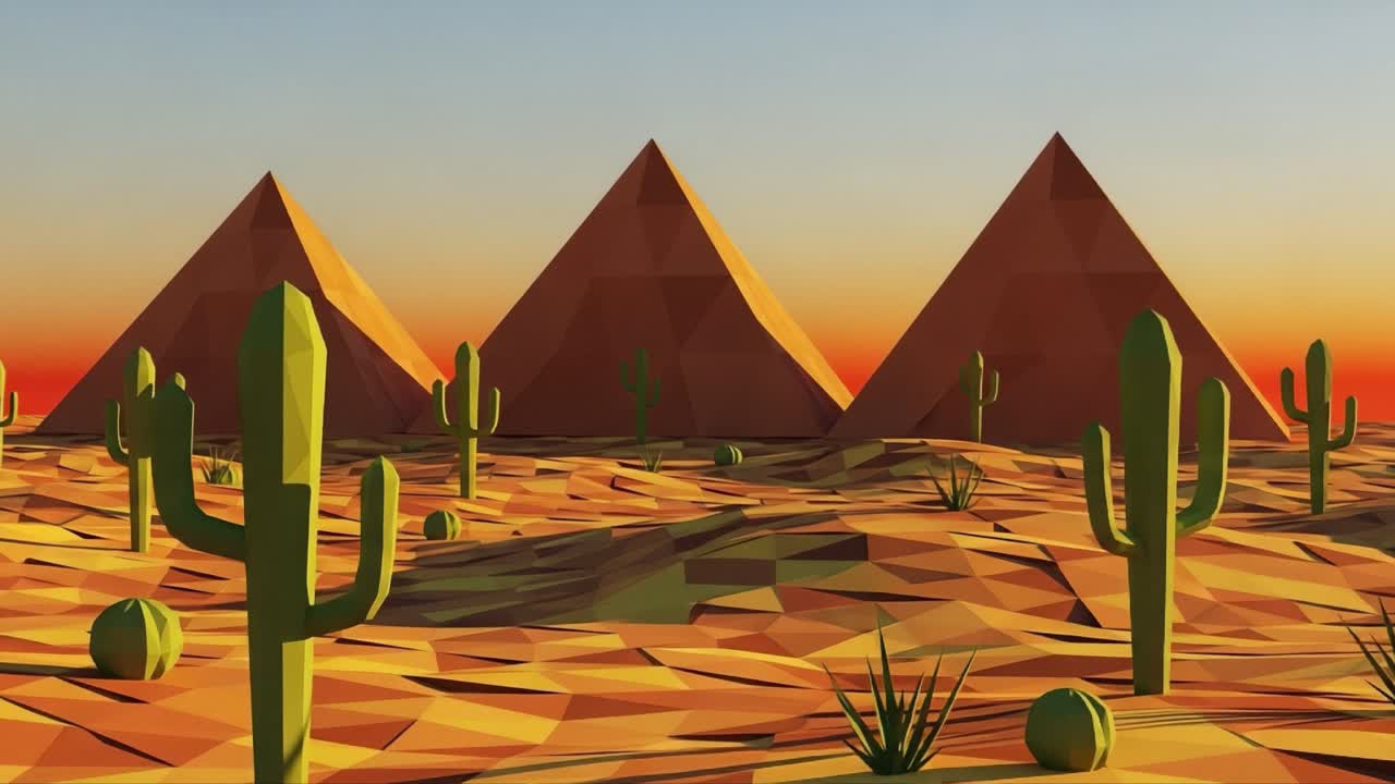 A Stunning Low-Poly Landscape Featuring Majestic Pyramids and Lush Desert Flora Set Against a Colorful Sunset Sky