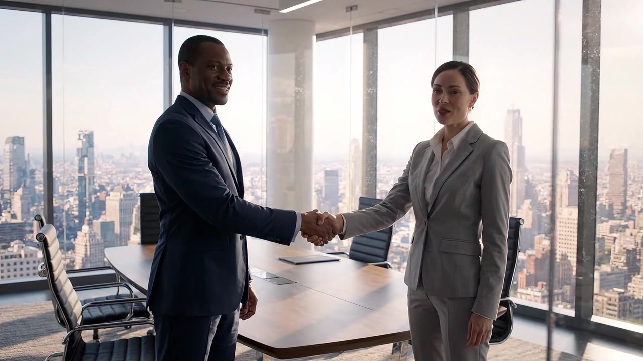A Professional Meeting Between Two Colleagues in a Modern Office with a Scenic Skyline View at Sunset, Highlighting Business Interactions and Connections.