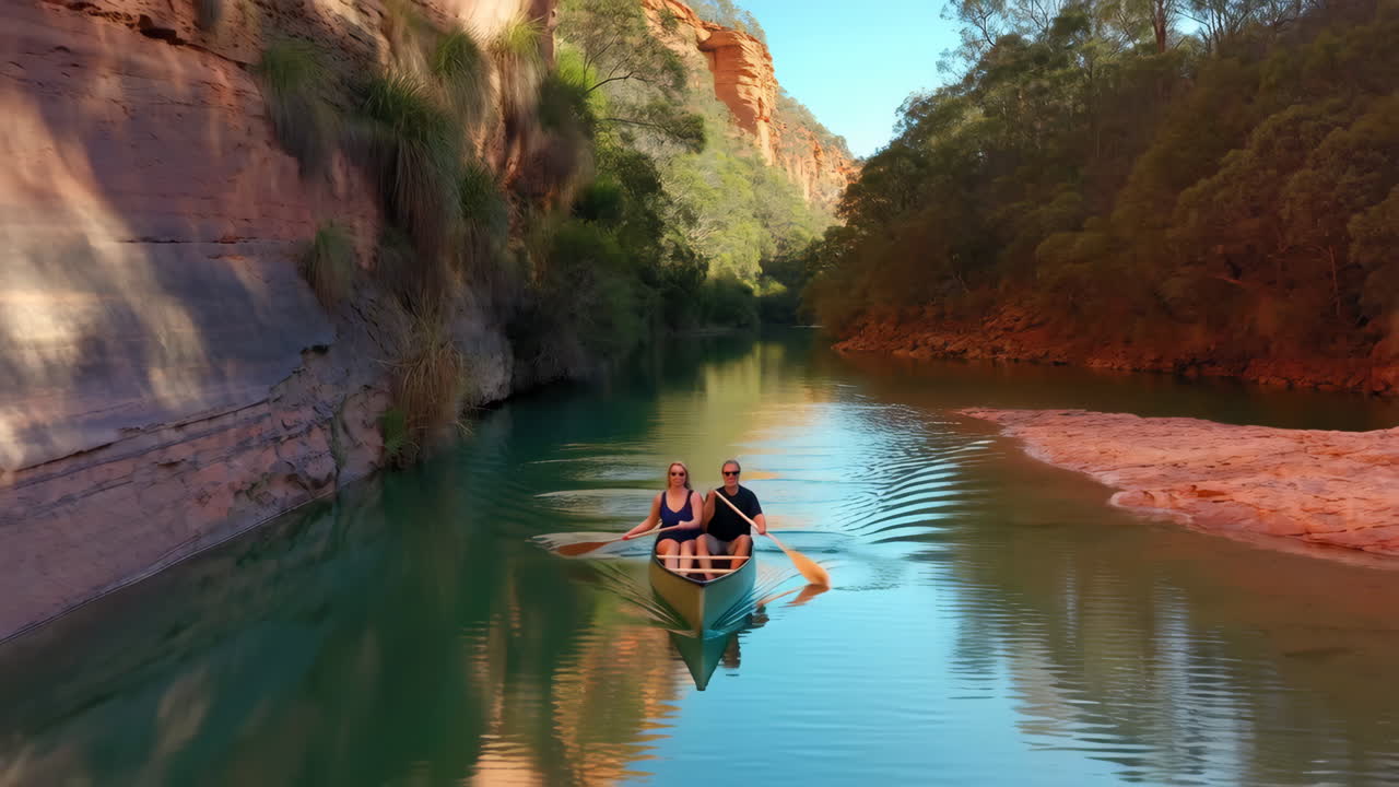 Couple Canoeing Through a Scenic River Canyon
