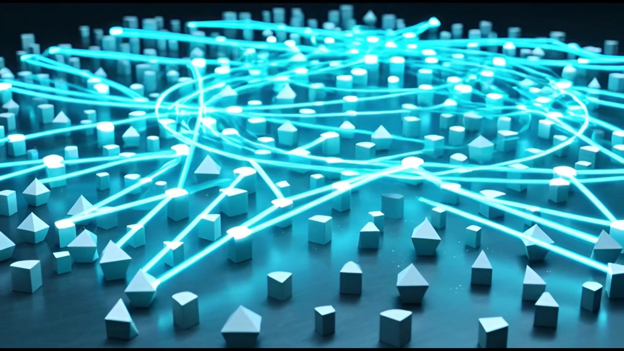Abstract Digital Network Connecting Glowing Nodes Among Geometric Shapes