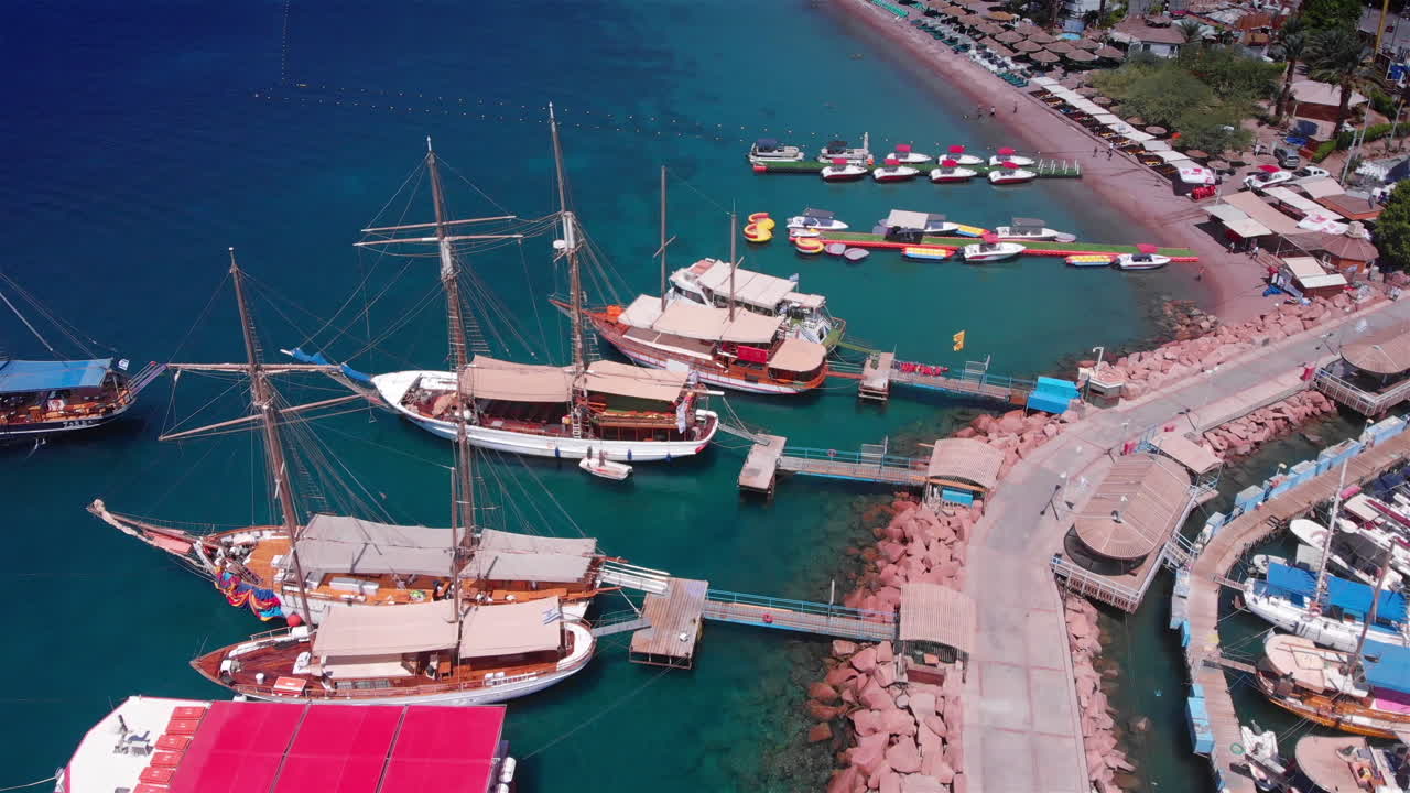 old style pirate ship Sailing from the Marina Aeria view