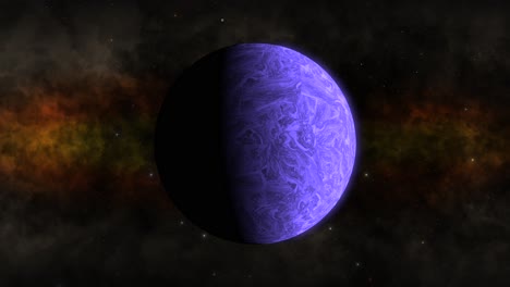 CGI-Purple-Alien-World-in-Front-of-Fiery-Nebula,-space,-wide-view