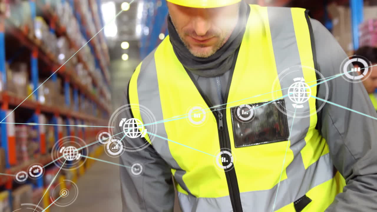 창고에서 일하는 백인 남성 노동자에 대한 아이콘과 연결 네트워크의 애니메이션