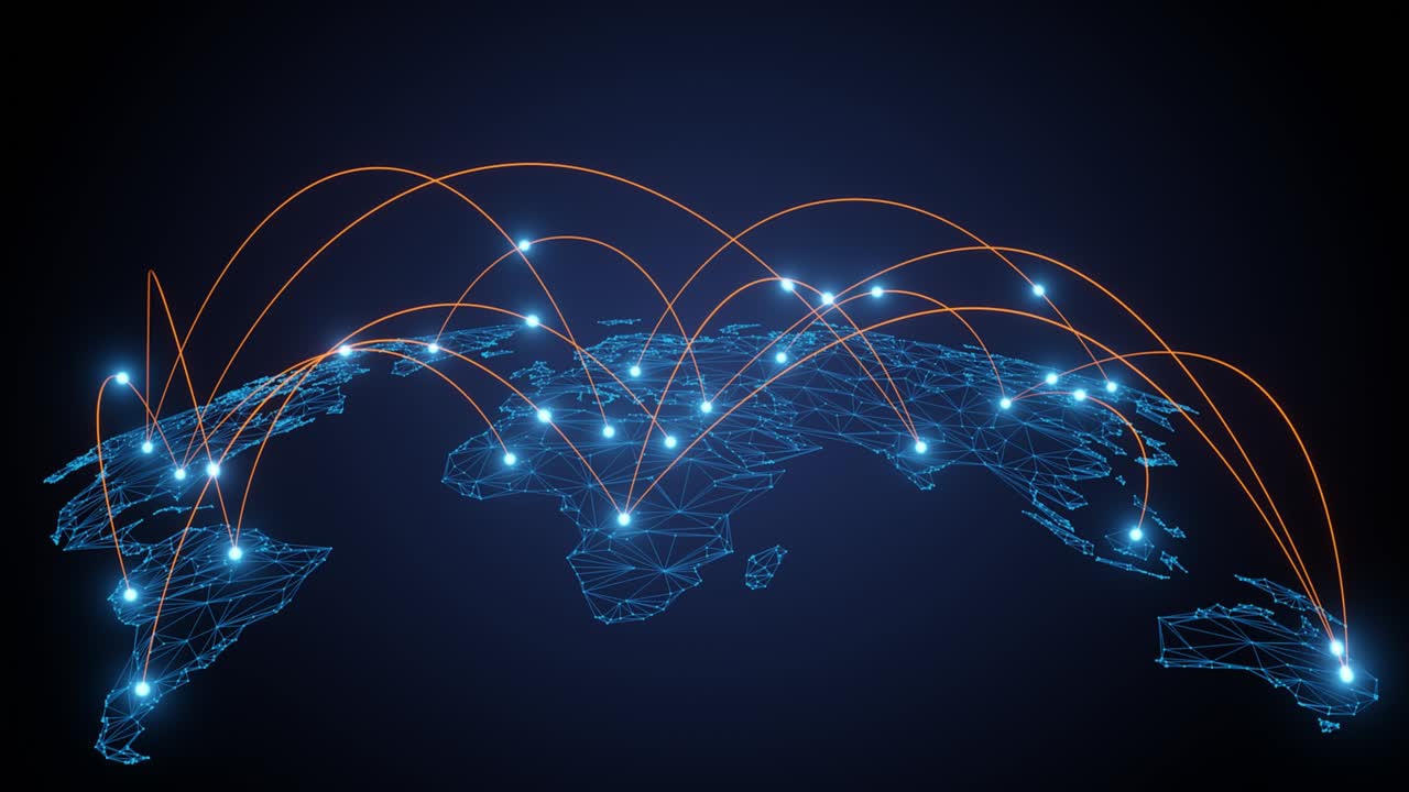Tech earth globalization in 3d animation. Global Business dots on rotating planet.