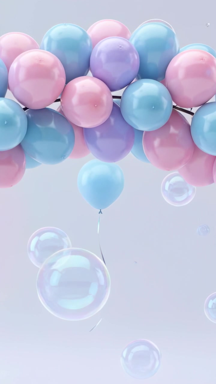 Video verticale: Dopo un leggero movimento, un palloncino blu che si sgonfia e affonda sotto una ghirlanda in studio con bolle.