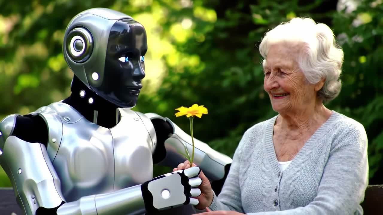 In a peaceful garden, a humanoid robot hands a flower to an elderly woman, who smiles warmly, showcasing the gentle connection between technology and companionship.