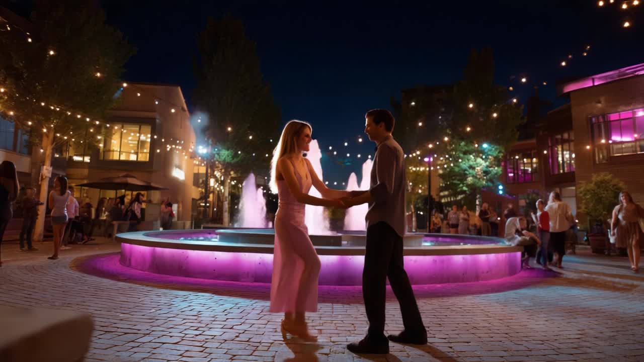 Couple Dancing Next to a Beautifully Lit Fountain in a Vibrant Evening Atmosphere Surrounded by Soft Glow of String Lights, Creating a Romantic and Magical Ambiance in a Festive Outdoor Setting