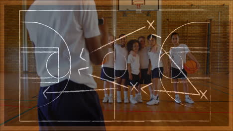 animation of drawing of game plan over diverse children playing basketball