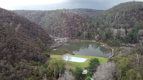 4k aerial view of a lake and a gorge in an australian national park